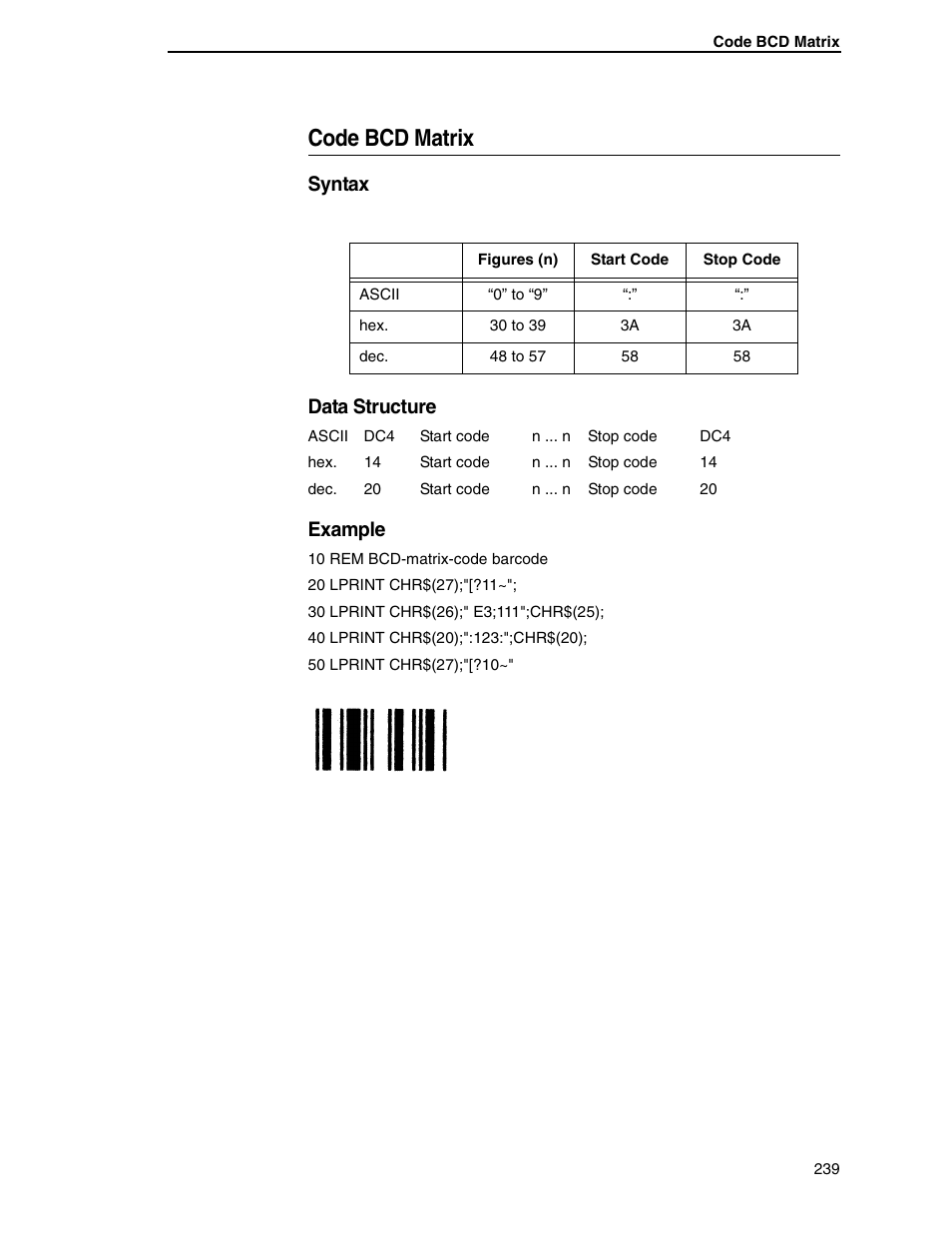 Code bcd matrix, Syntax data structure, Example | Tally Genicom 6600 User Manual | Page 239 / 330