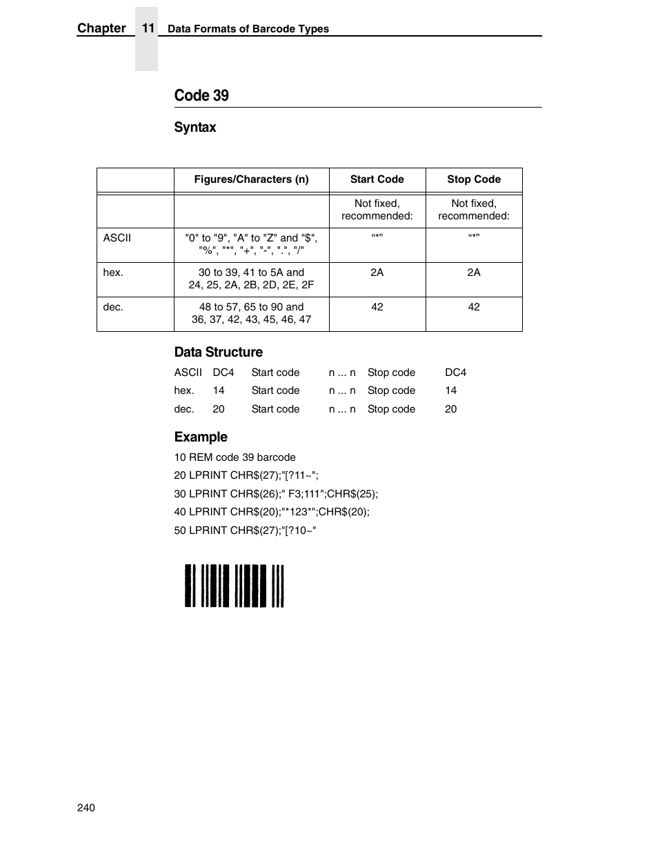 Code 39, Syntax data structure, Example | Tally Genicom 6600 User Manual | Page 240 / 330