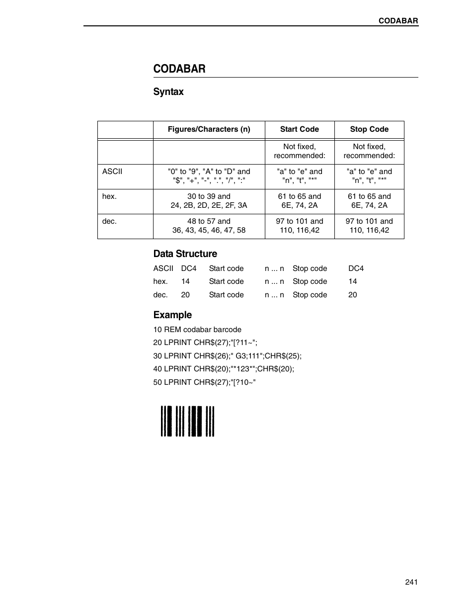 Codabar, Syntax data structure, Example | Tally Genicom 6600 User Manual | Page 241 / 330