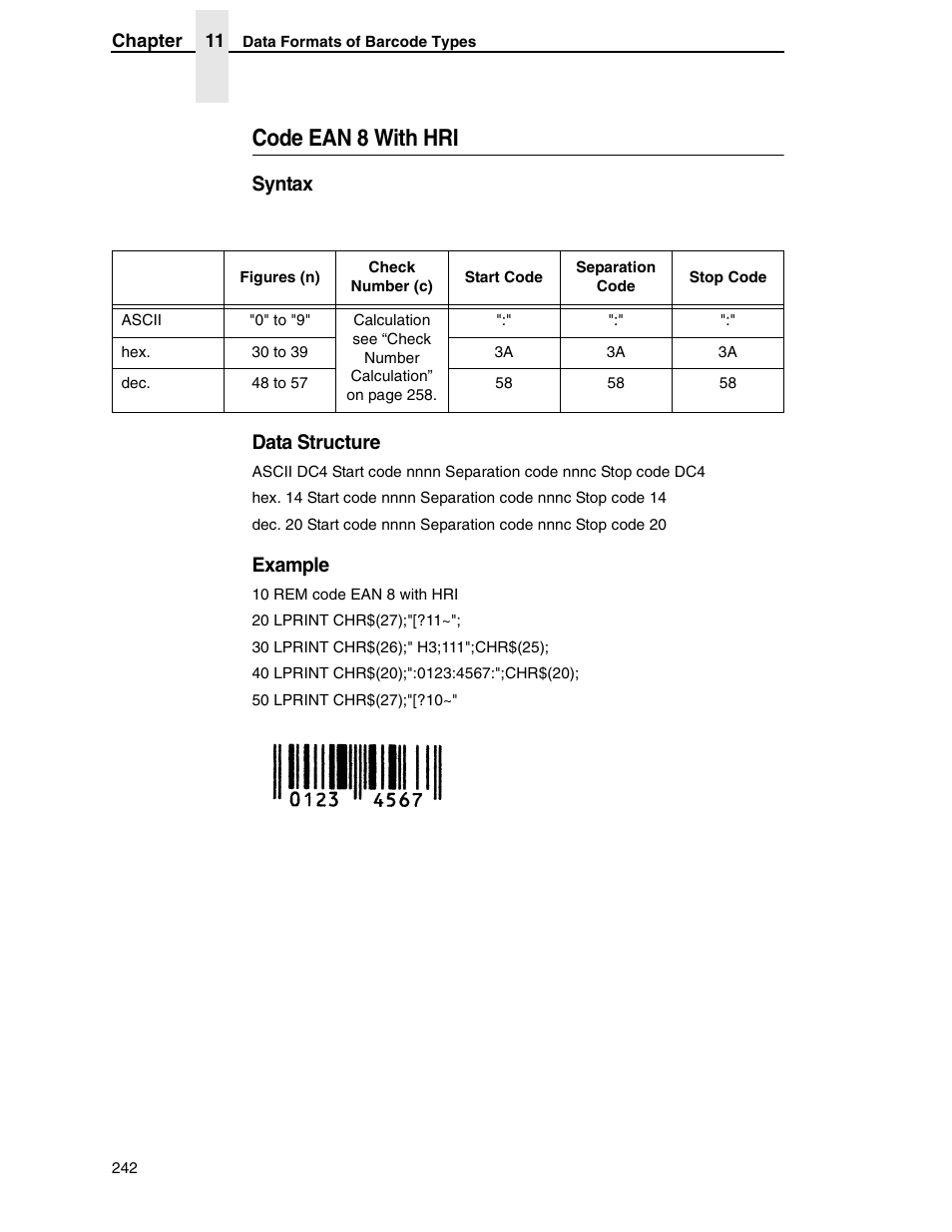 Code ean 8 with hri, Syntax data structure, Example | Tally Genicom 6600 User Manual | Page 242 / 330