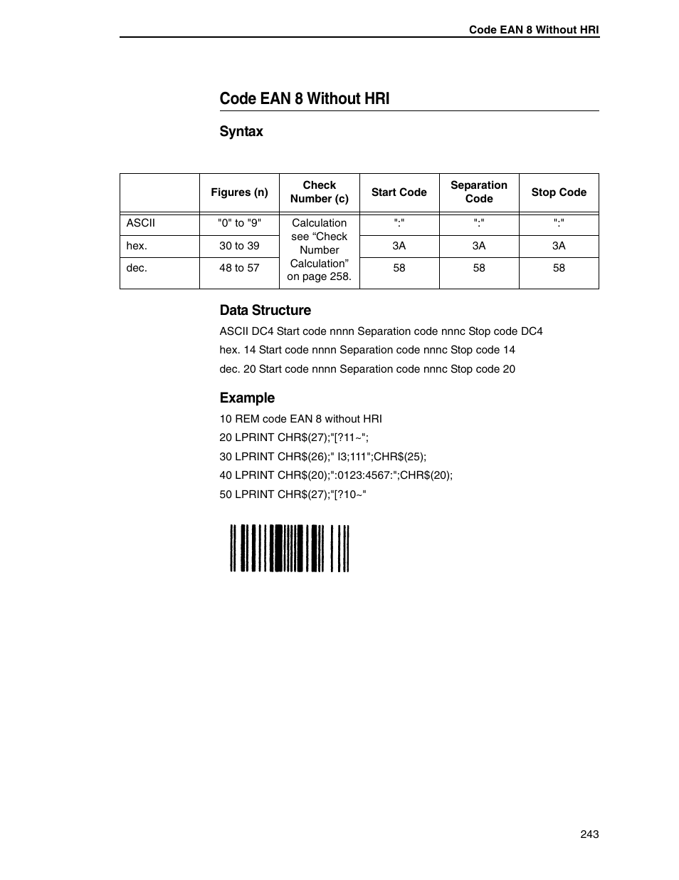 Code ean 8 without hri, Syntax data structure, Example | Tally Genicom 6600 User Manual | Page 243 / 330