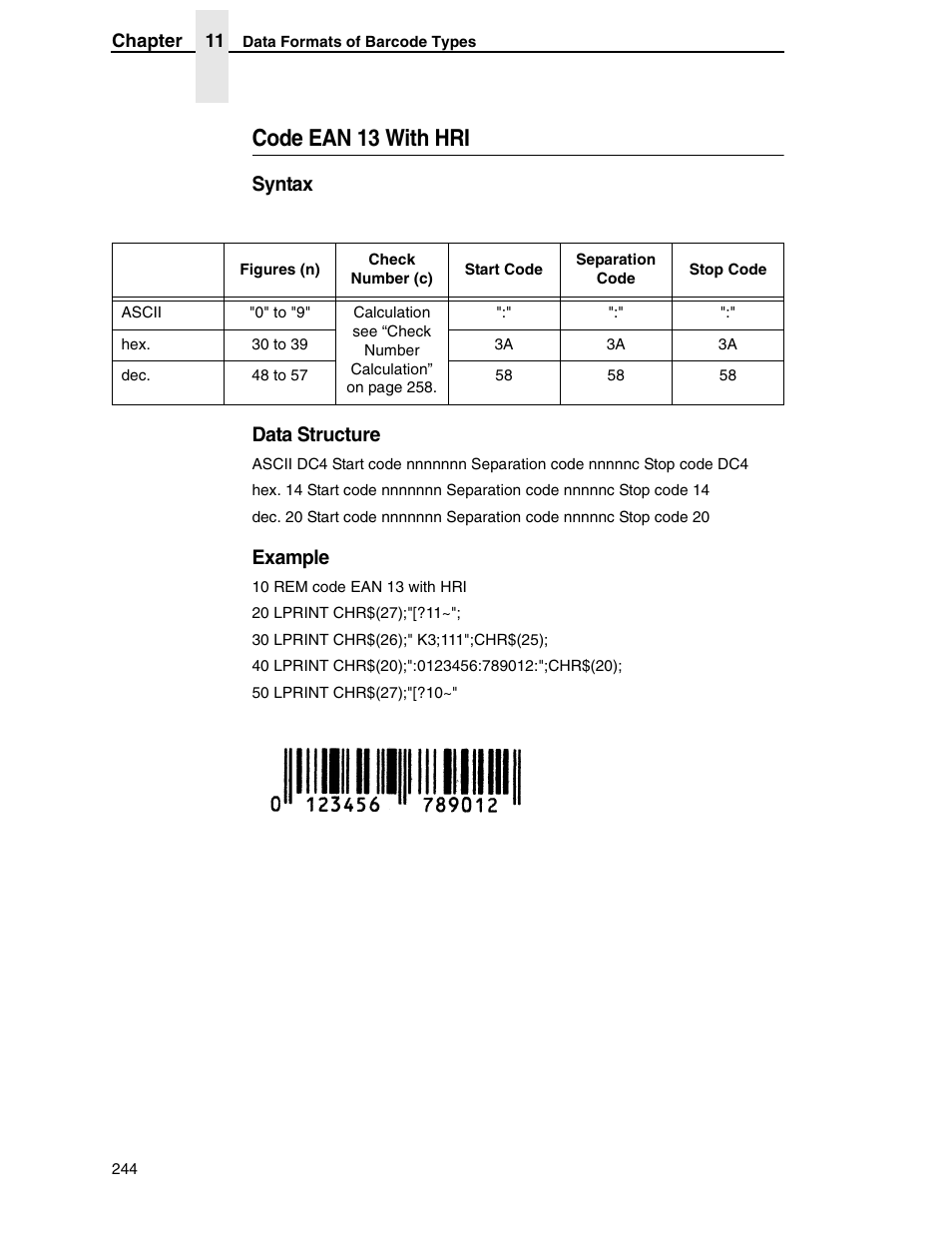 Code ean 13 with hri, Syntax data structure, Example | Tally Genicom 6600 User Manual | Page 244 / 330