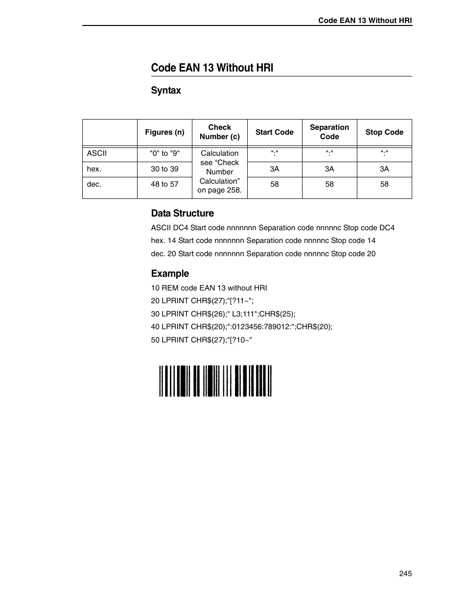 Code ean 13 without hri, Syntax data structure, Example | Tally Genicom 6600 User Manual | Page 245 / 330