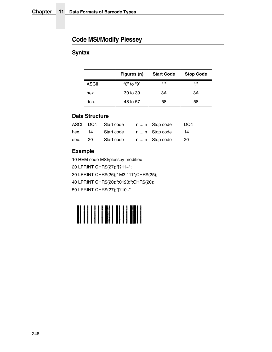 Code msi/modify plessey, Syntax data structure, Example | Tally Genicom 6600 User Manual | Page 246 / 330