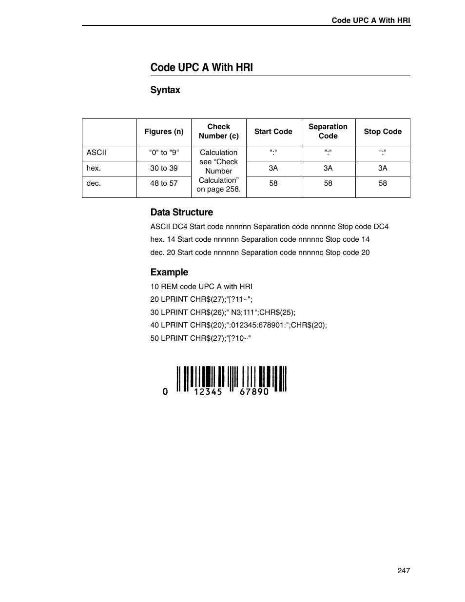 Code upc a with hri, Syntax data structure, Example | Tally Genicom 6600 User Manual | Page 247 / 330