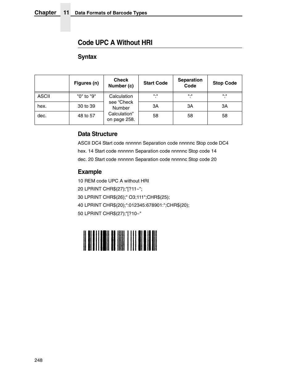 Code upc a without hri, Syntax data structure, Example | Tally Genicom 6600 User Manual | Page 248 / 330