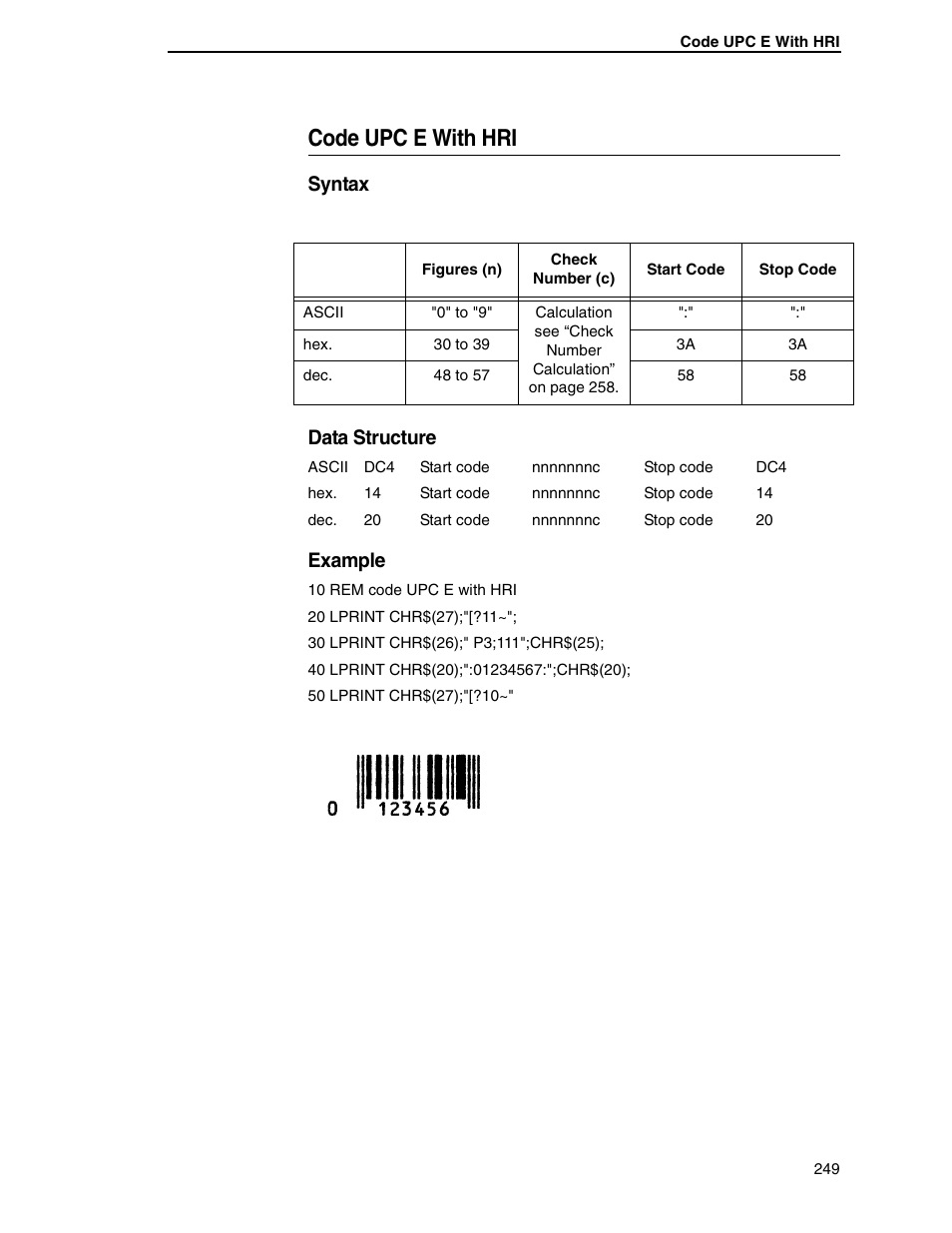 Code upc e with hri, Syntax data structure, Example | Tally Genicom 6600 User Manual | Page 249 / 330