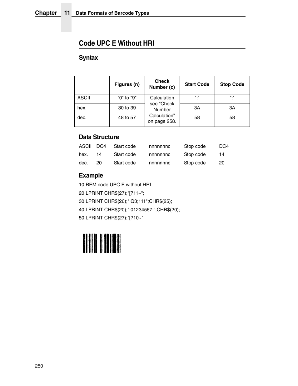 Code upc e without hri, Syntax data structure, Example | Tally Genicom 6600 User Manual | Page 250 / 330