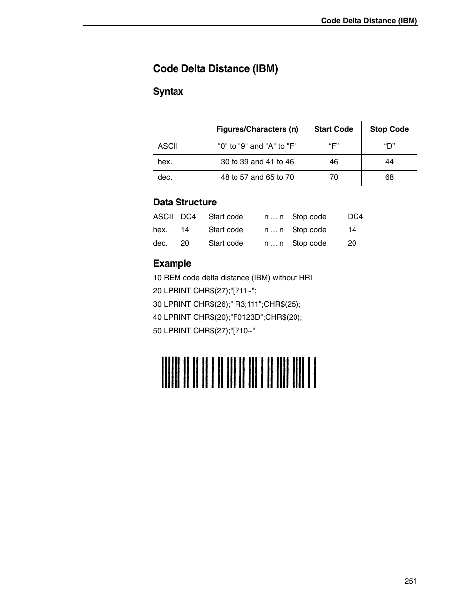 Code delta distance (ibm), Syntax data structure, Example | Tally Genicom 6600 User Manual | Page 251 / 330