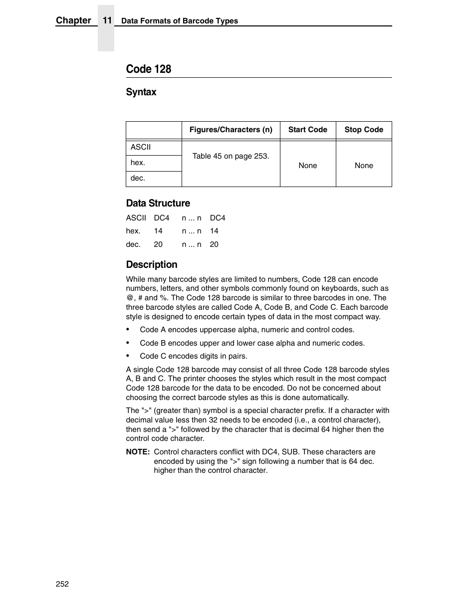 Code 128, Syntax data structure, Description | Tally Genicom 6600 User Manual | Page 252 / 330