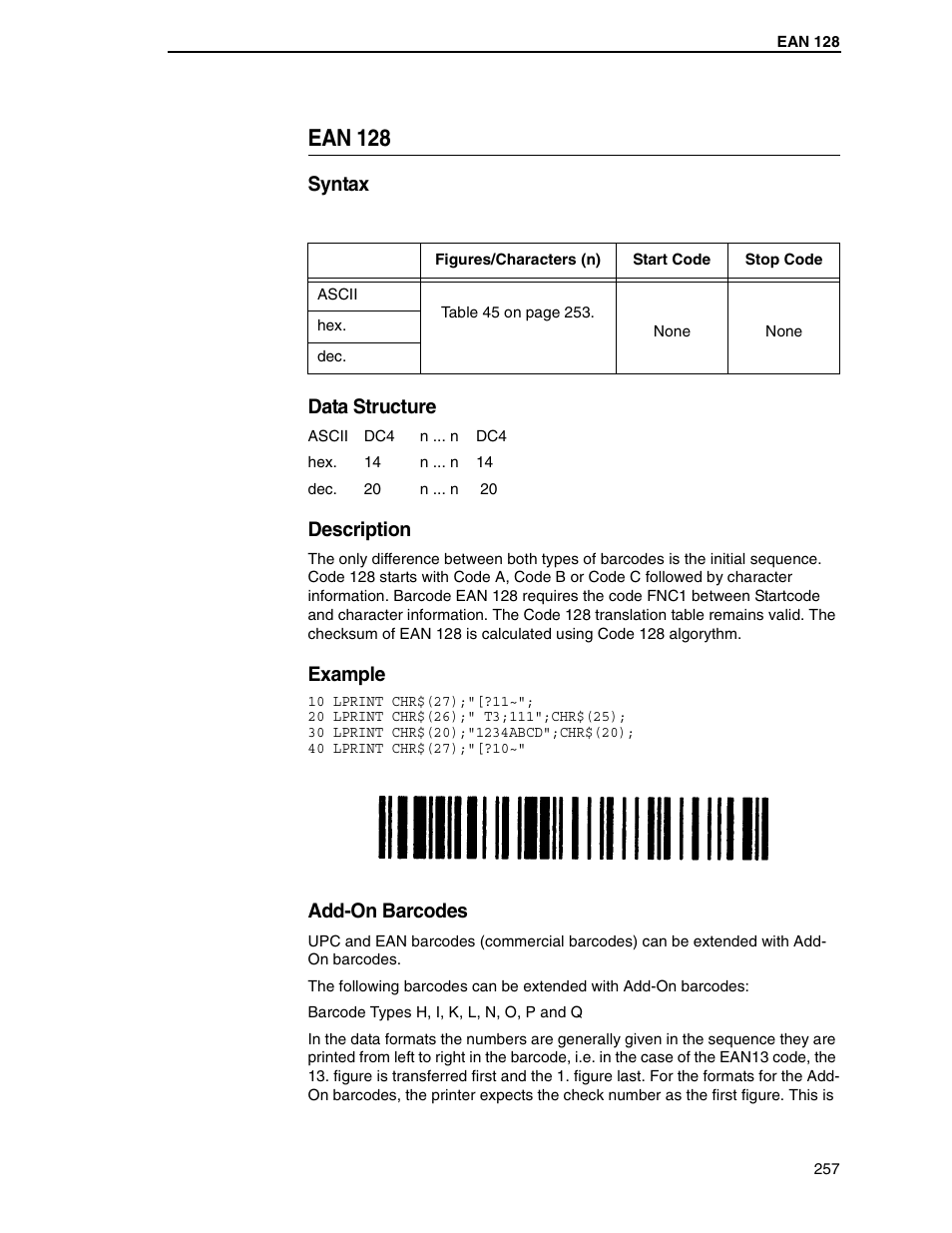 Ean 128, Syntax data structure, Description | Example, Add-on barcodes | Tally Genicom 6600 User Manual | Page 257 / 330