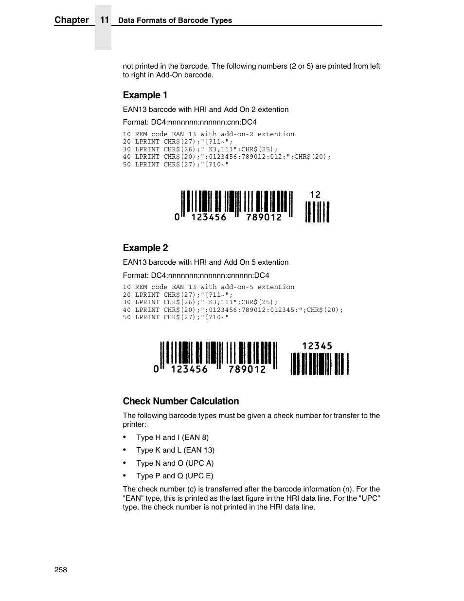 Ee “check, Number, Calculation | Check, Example 1, Example 2, Check number calculation | Tally Genicom 6600 User Manual | Page 258 / 330