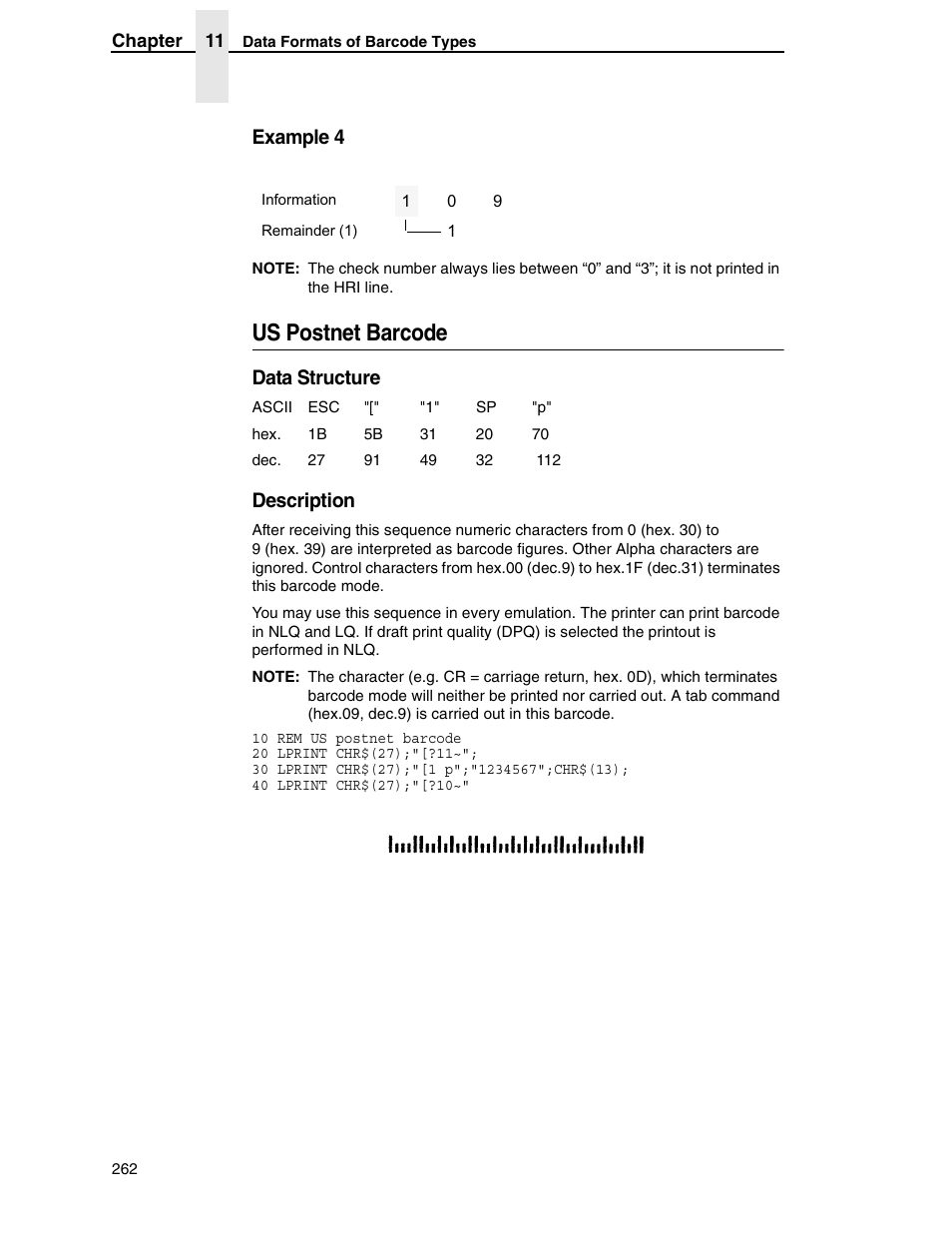 Us postnet barcode, Example 4, Data structure | Description | Tally Genicom 6600 User Manual | Page 262 / 330