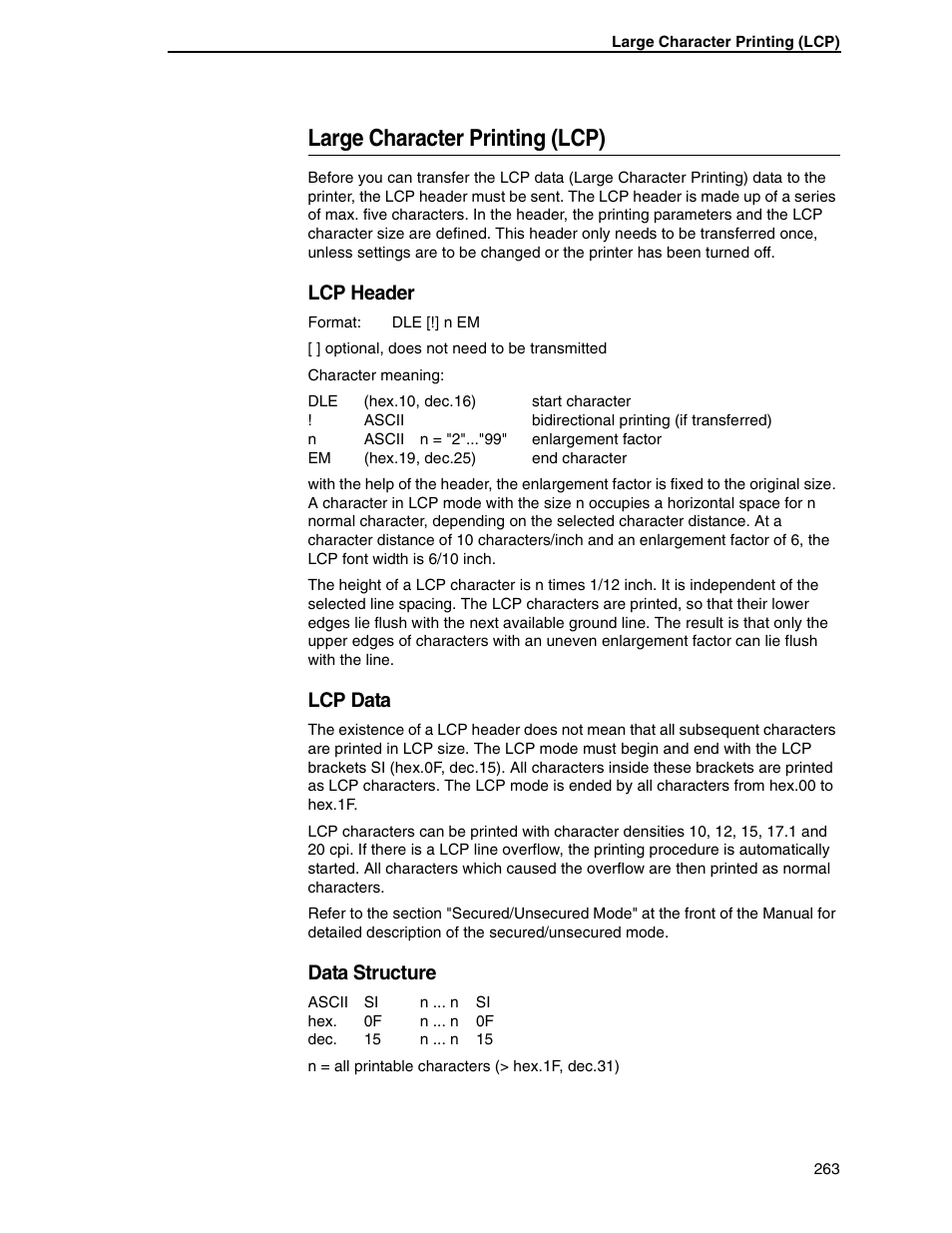 Large character printing (lcp), Lcp header, Lcp data | Data structure | Tally Genicom 6600 User Manual | Page 263 / 330