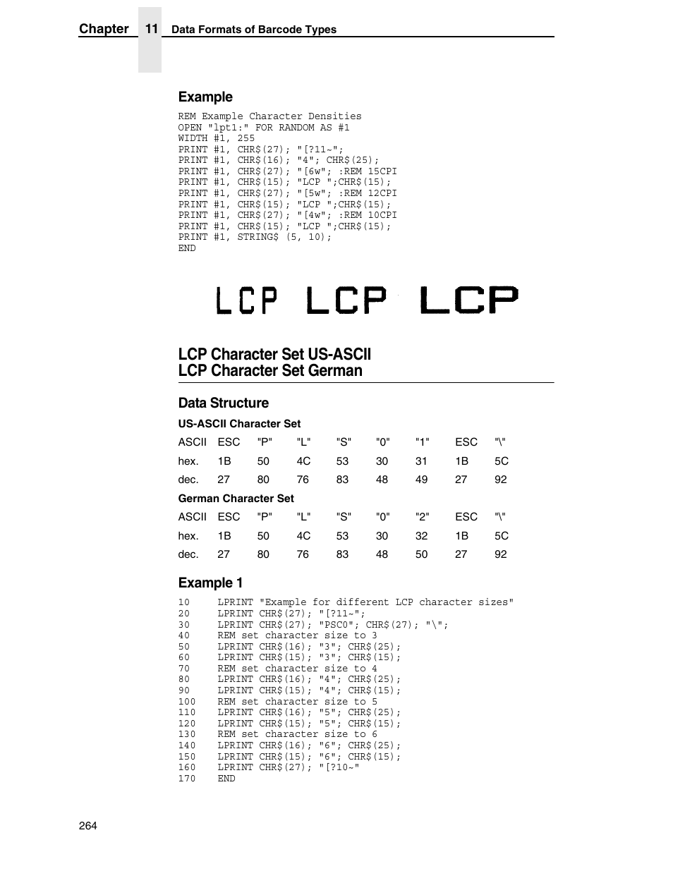 Lcp character set us-ascii, Lcp character set german, Example | Data structure, Example 1 | Tally Genicom 6600 User Manual | Page 264 / 330