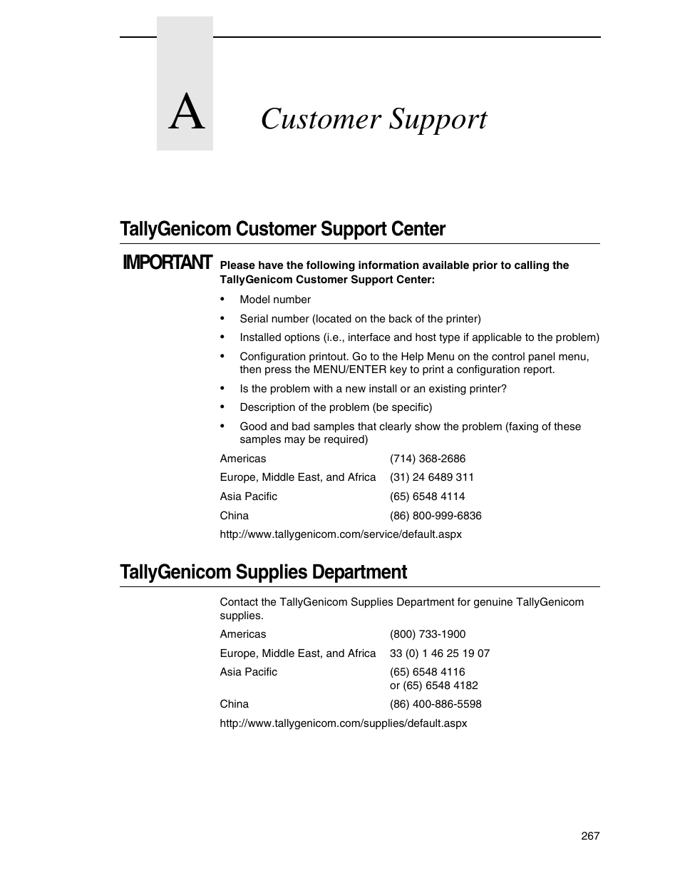 A customer support, Tallygenicom customer support center, Tallygenicom supplies department | Customer support, Tallygenicom customer support center important | Tally Genicom 6600 User Manual | Page 267 / 330