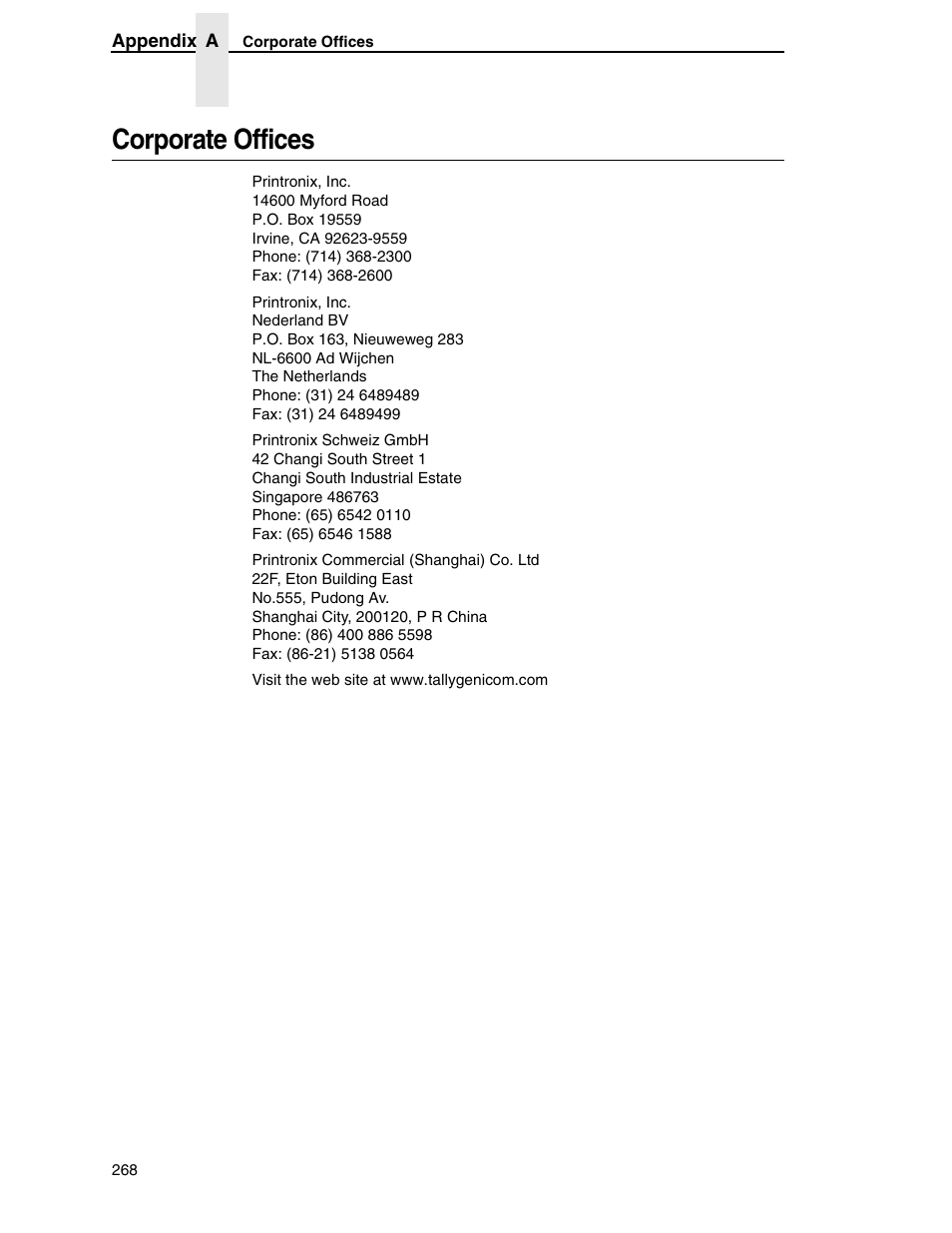 Corporate offices | Tally Genicom 6600 User Manual | Page 268 / 330