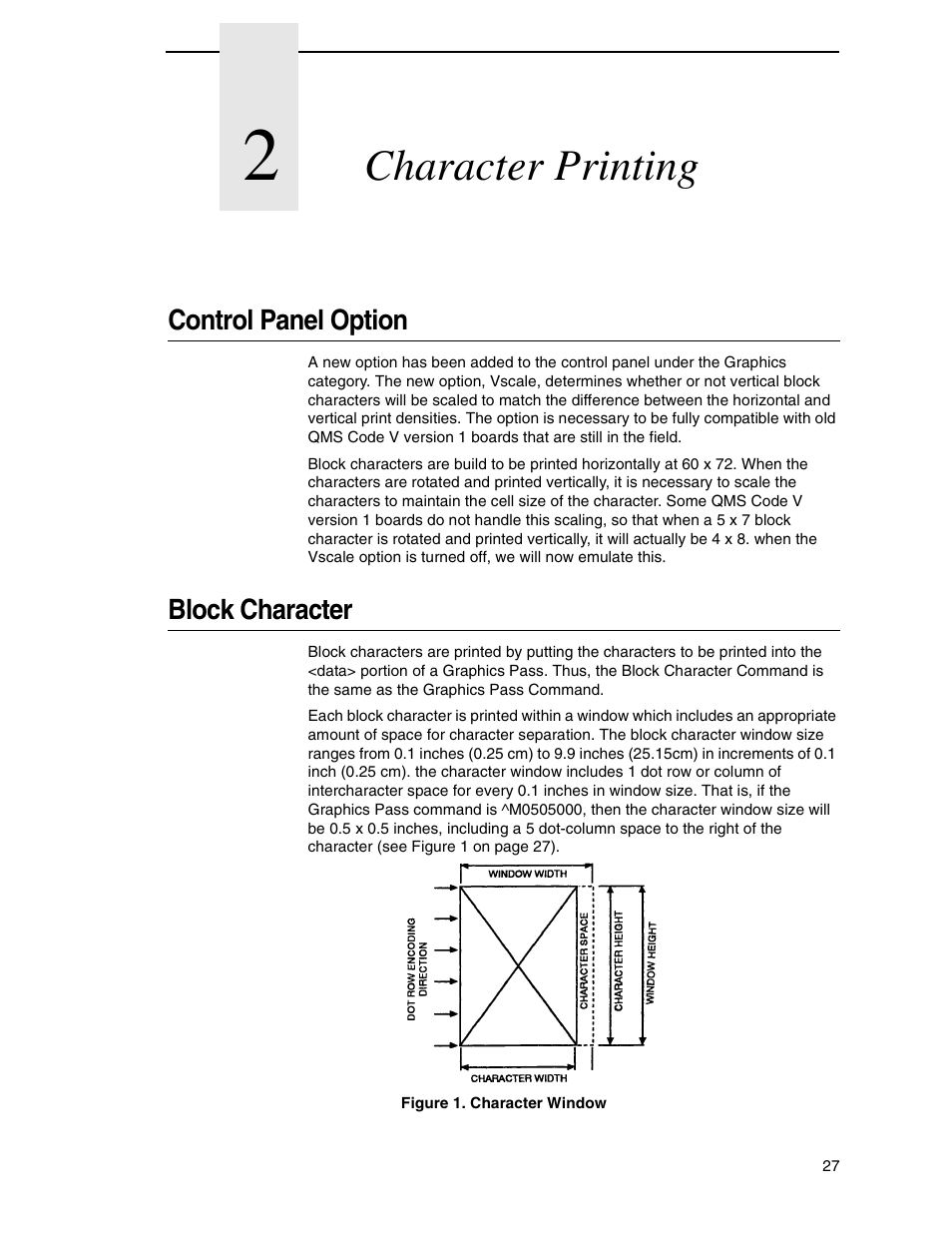 2 character printing, Control panel option, Block character | Character printing | Tally Genicom 6600 User Manual | Page 27 / 330