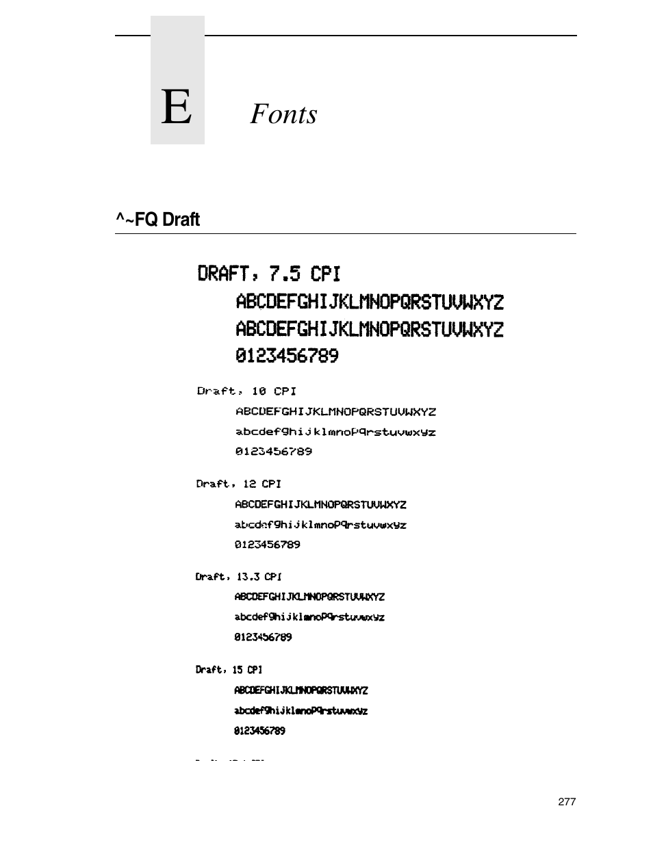 E fonts, Fq draft | Tally Genicom 6600 User Manual | Page 277 / 330