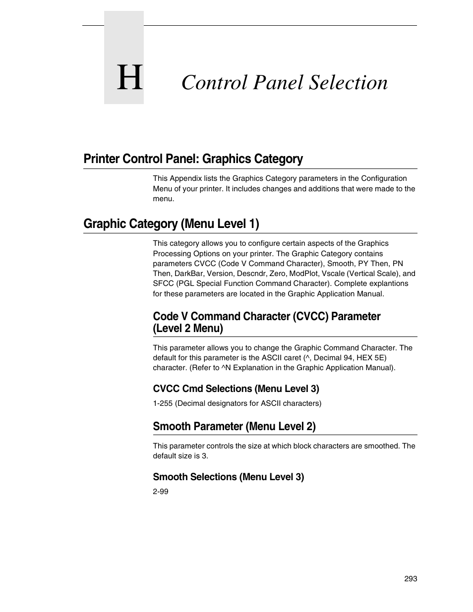 H control panel selection, Printer control panel: graphics category, Graphic category (menu level 1) | Smooth parameter (menu level 2), Code v command character (cvcc) parameter, Level 2 menu), Control panel selection | Tally Genicom 6600 User Manual | Page 293 / 330