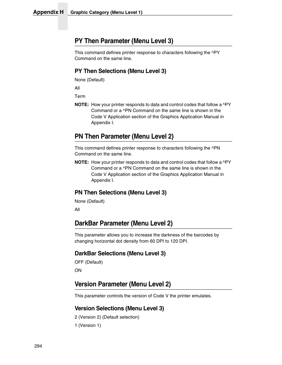 Py then parameter (menu level 3), Pn then parameter (menu level 2), Darkbar parameter (menu level 2) | Version parameter (menu level 2) | Tally Genicom 6600 User Manual | Page 294 / 330