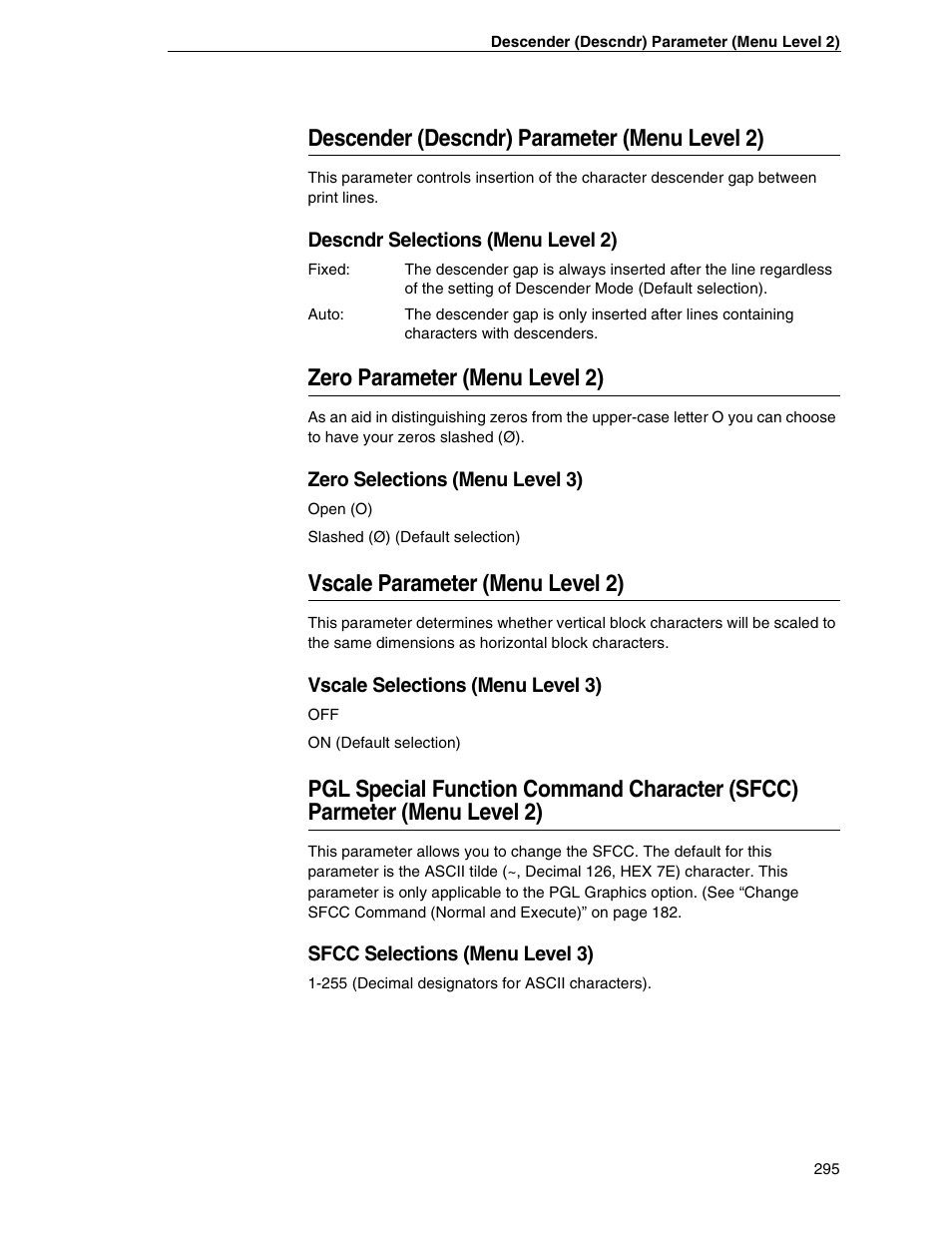 Descender (descndr) parameter (menu level 2), Zero parameter (menu level 2), Vscale parameter (menu level 2) | Menu level 2) | Tally Genicom 6600 User Manual | Page 295 / 330