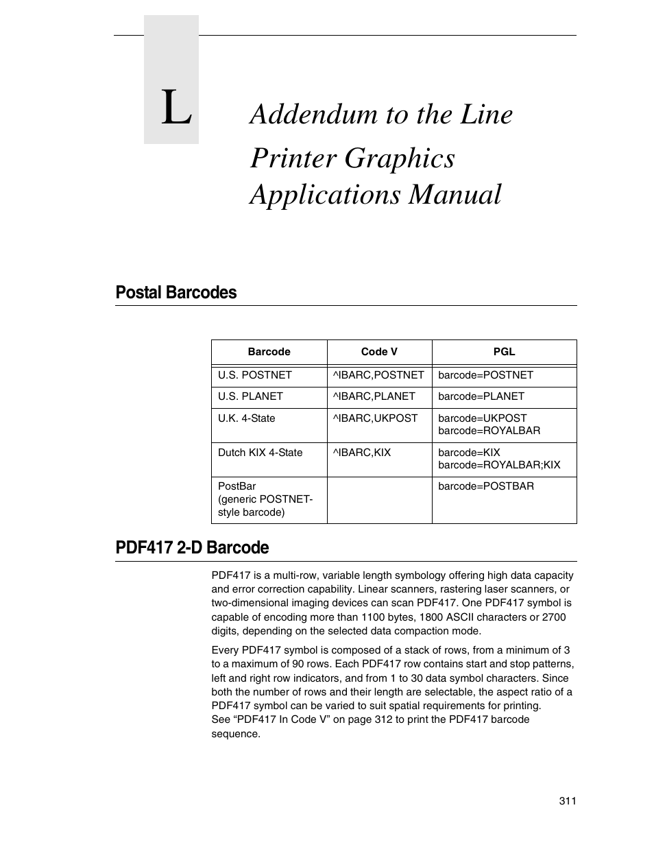 Postal barcodes, Pdf417 2-d barcode, L addendum to the line printer graphics | Applications manual, Postal barcodes pdf417 2-d barcode | Tally Genicom 6600 User Manual | Page 311 / 330