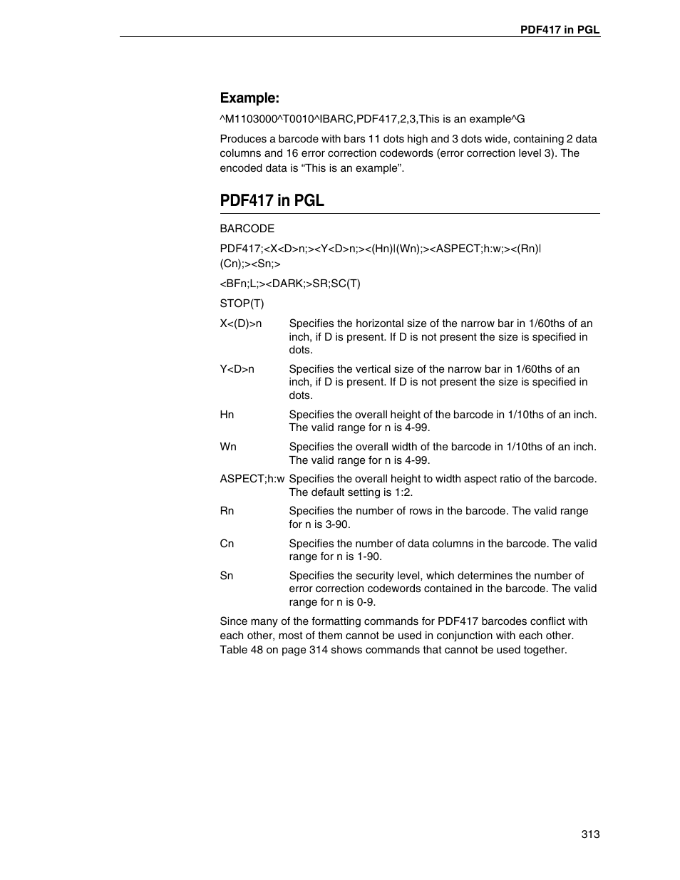 Pdf417 in pgl, Example | Tally Genicom 6600 User Manual | Page 313 / 330