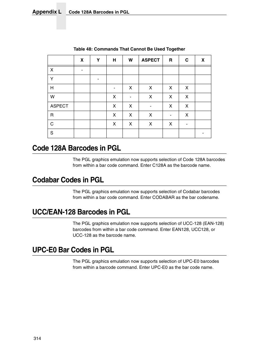 Code 128a barcodes in pgl, Codabar codes in pgl, Ucc/ean-128 barcodes in pgl | Upc-e0 bar codes in pgl | Tally Genicom 6600 User Manual | Page 314 / 330