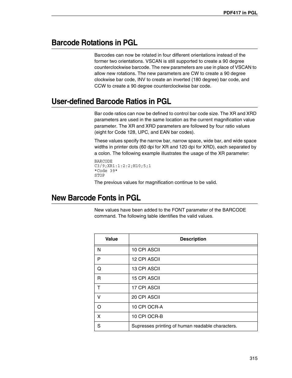 Barcode rotations in pgl, User-defined barcode ratios in pgl, New barcode fonts in pgl | Tally Genicom 6600 User Manual | Page 315 / 330