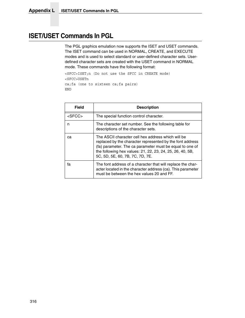 Iset/uset commands in pgl | Tally Genicom 6600 User Manual | Page 316 / 330