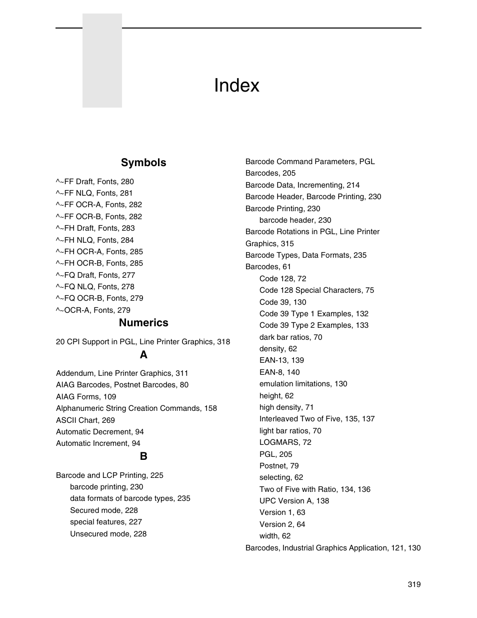 Index, Symbols, Numerics | Tally Genicom 6600 User Manual | Page 319 / 330