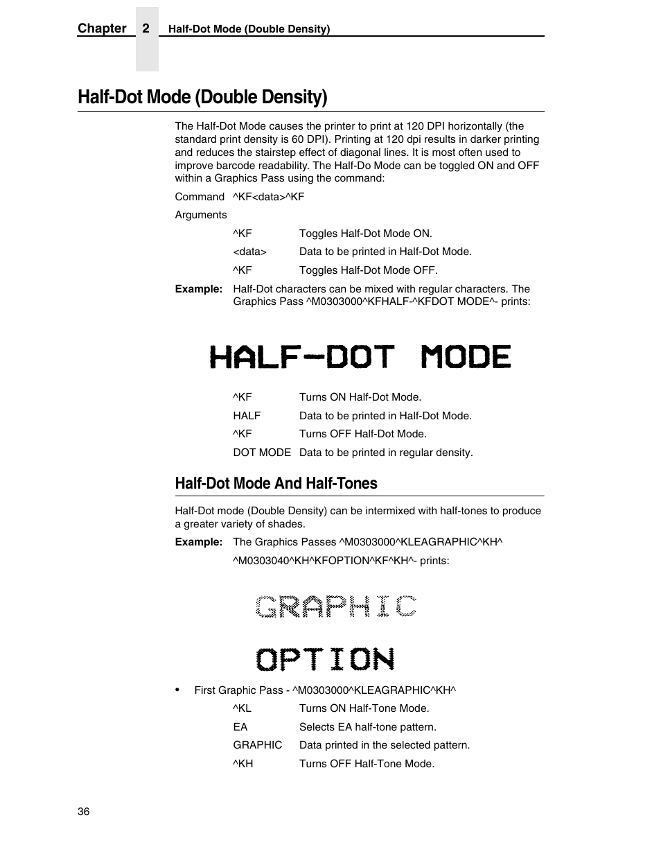 Half-dot mode (double density), Half-dot mode and half-tones | Tally Genicom 6600 User Manual | Page 36 / 330