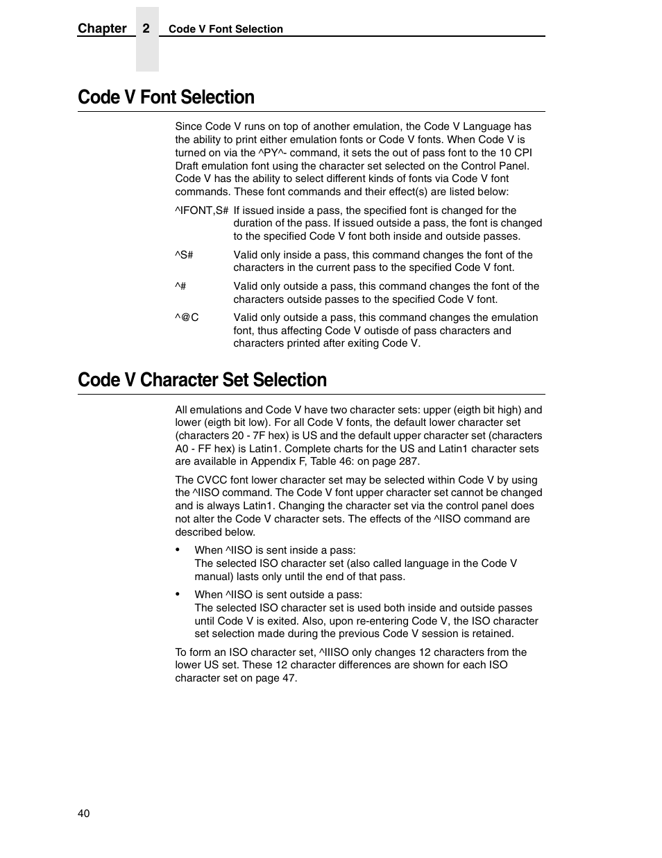 Code v font selection, Code v character set selection | Tally Genicom 6600 User Manual | Page 40 / 330