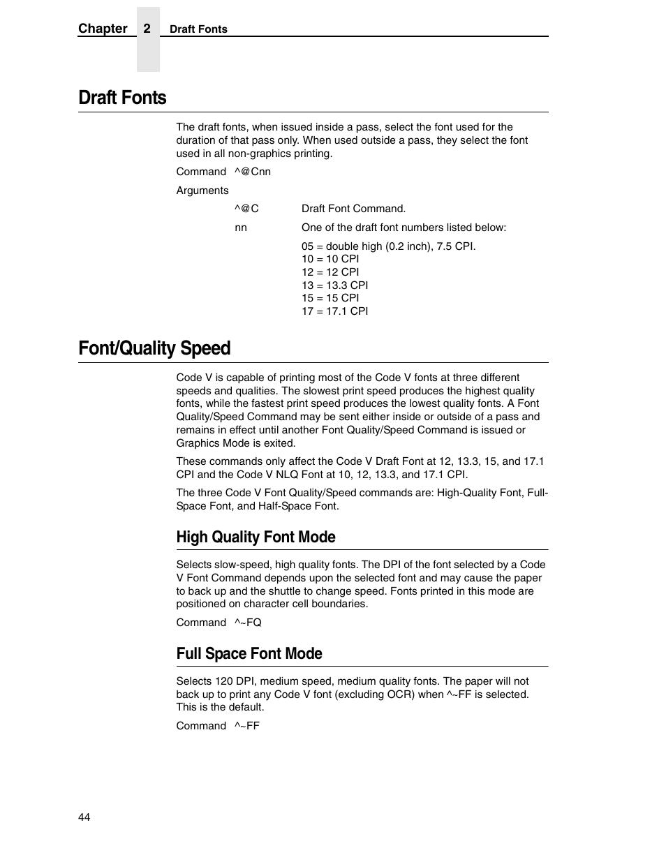 Draft fonts, Font/quality speed, High quality font mode | Full space font mode | Tally Genicom 6600 User Manual | Page 44 / 330