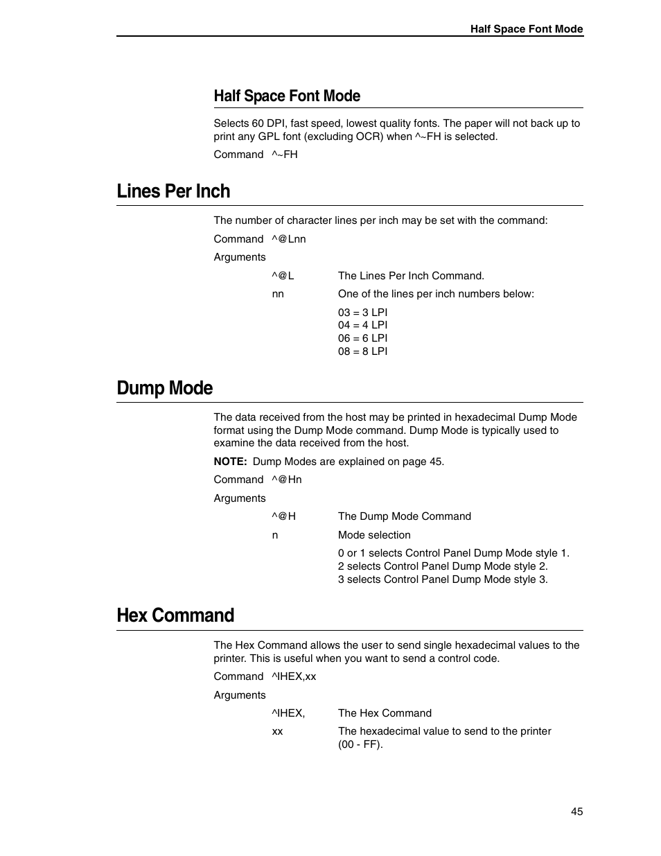 Half space font mode, Lines per inch, Dump mode | Hex command | Tally Genicom 6600 User Manual | Page 45 / 330