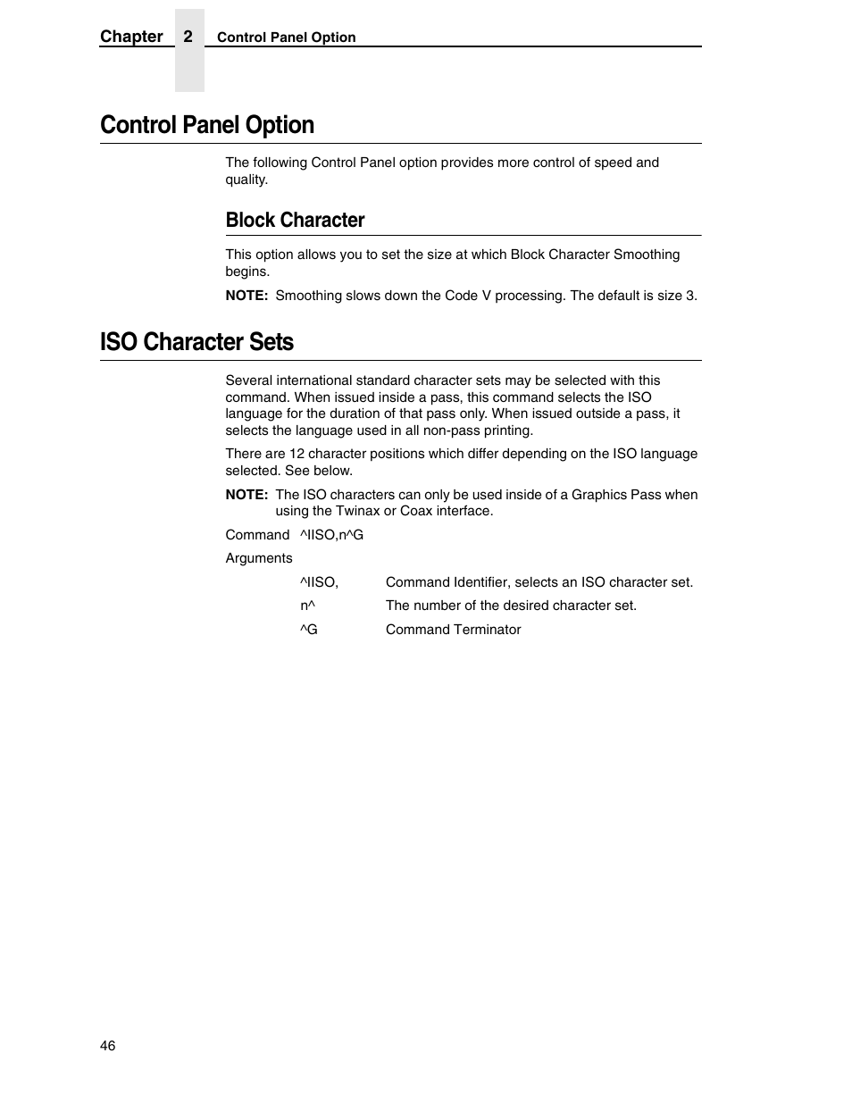 Control panel option, Block character, Iso character sets | Tally Genicom 6600 User Manual | Page 46 / 330