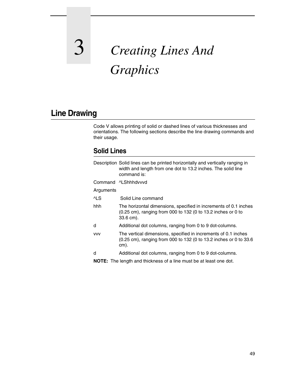 3 creating lines and graphics, Line drawing, Solid lines | Creating lines and graphics | Tally Genicom 6600 User Manual | Page 49 / 330