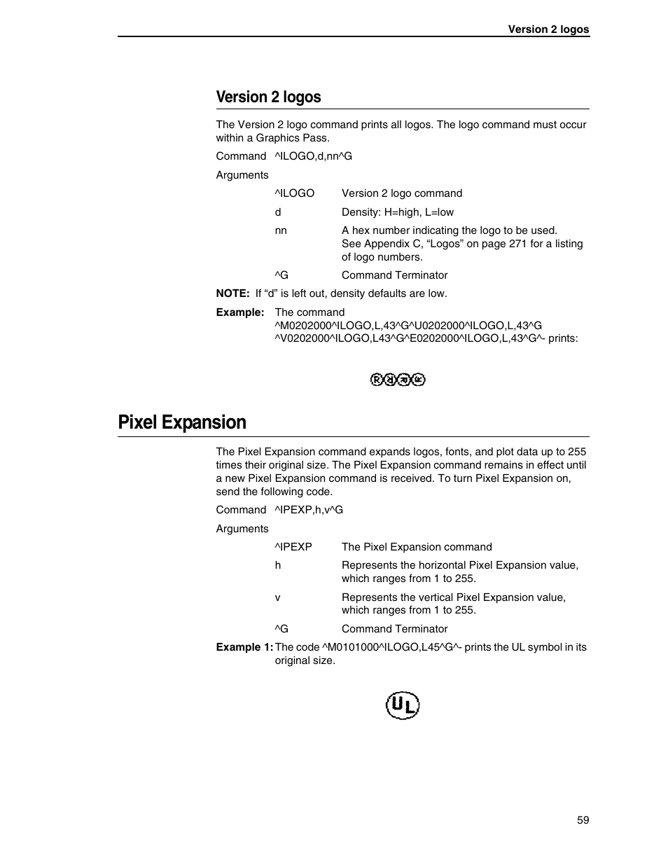 Version 2 logos, Pixel expansion | Tally Genicom 6600 User Manual | Page 59 / 330