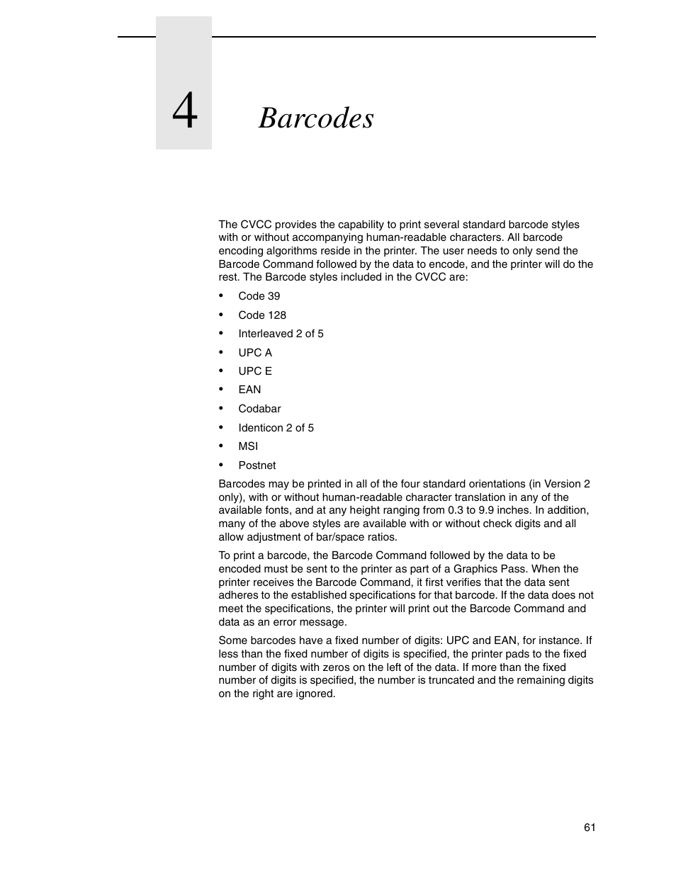 4 barcodes, Barcodes | Tally Genicom 6600 User Manual | Page 61 / 330