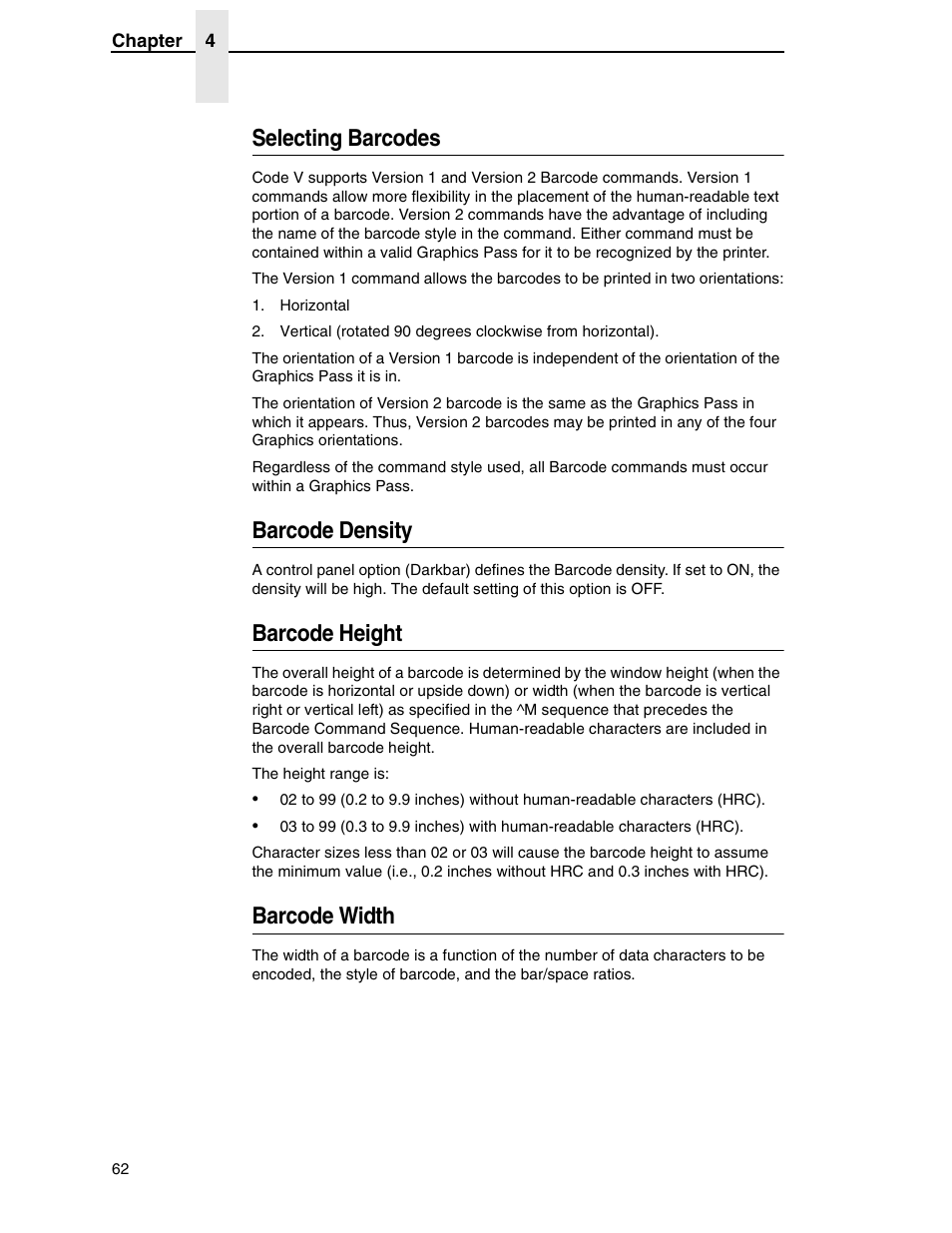 Selecting barcodes, Barcode density, Barcode height | Barcode width | Tally Genicom 6600 User Manual | Page 62 / 330