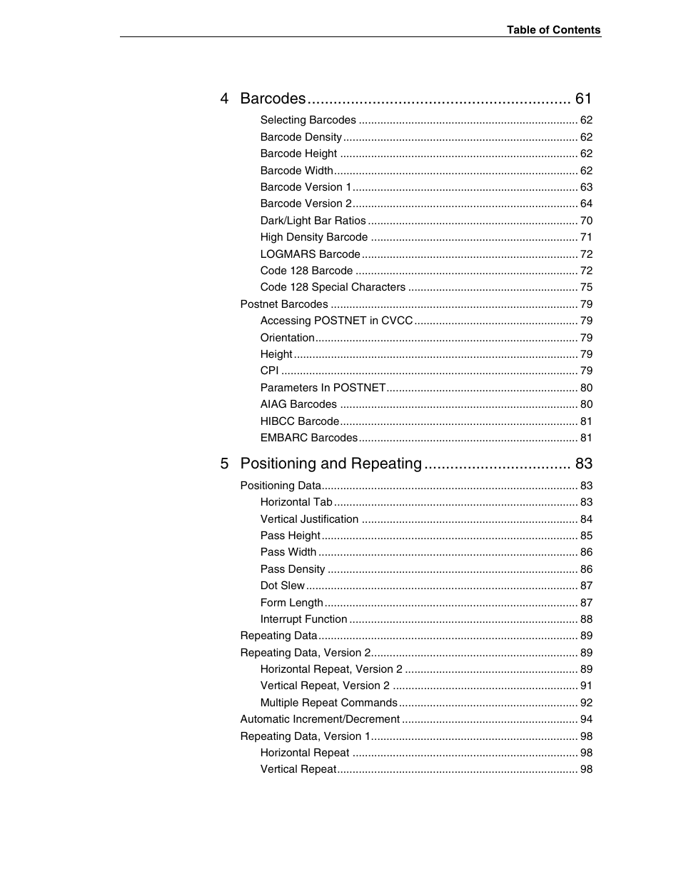 4 barcodes, 5 positioning and repeating | Tally Genicom 6600 User Manual | Page 7 / 330