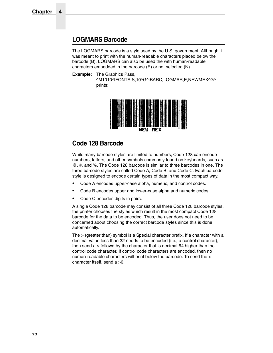 Logmars barcode, Code 128 barcode | Tally Genicom 6600 User Manual | Page 72 / 330