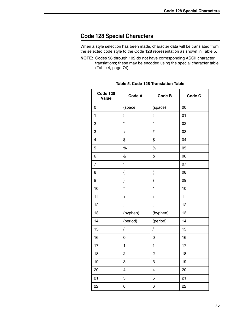 Code 128 special characters | Tally Genicom 6600 User Manual | Page 75 / 330