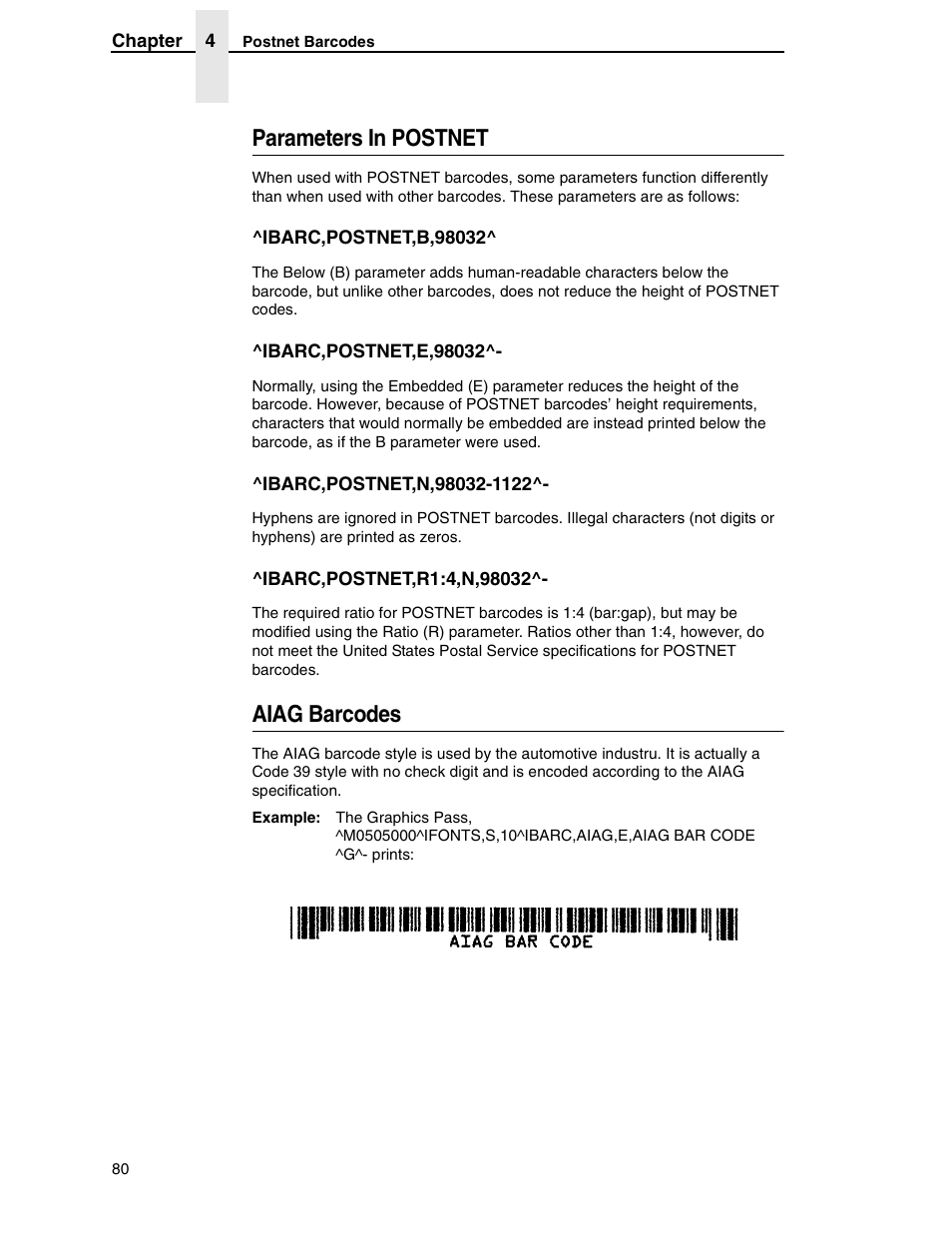 Parameters in postnet, Aiag barcodes | Tally Genicom 6600 User Manual | Page 80 / 330