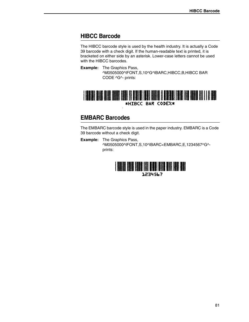 Hibcc barcode, Embarc barcodes | Tally Genicom 6600 User Manual | Page 81 / 330