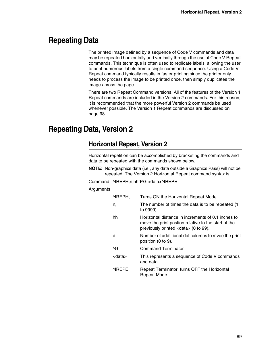 Repeating data, Repeating data, version 2, Horizontal repeat, version 2 | Tally Genicom 6600 User Manual | Page 89 / 330