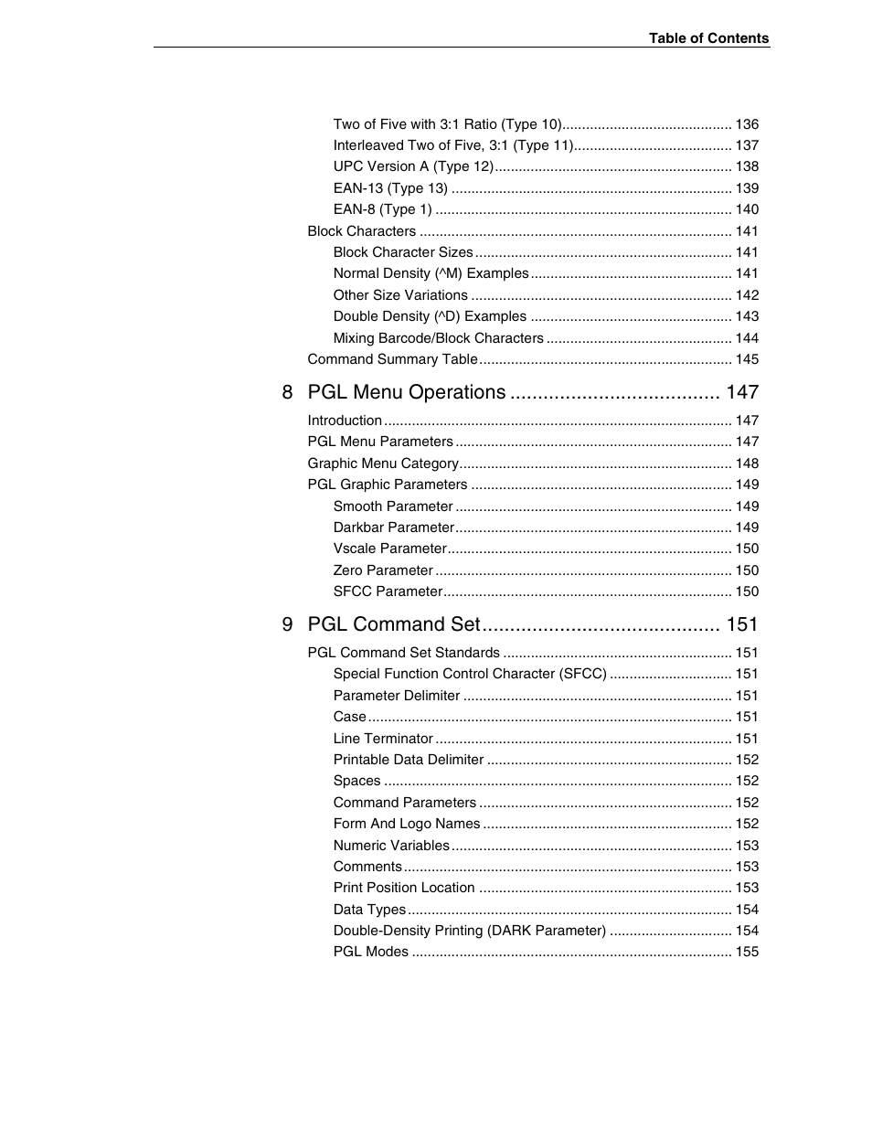 8 pgl menu operations, 9 pgl command set | Tally Genicom 6600 User Manual | Page 9 / 330