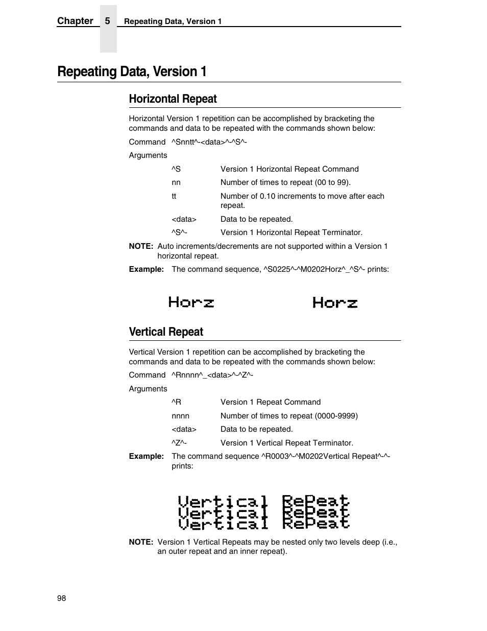 Repeating data, version 1, Horizontal repeat, Vertical repeat | Tally Genicom 6600 User Manual | Page 98 / 330