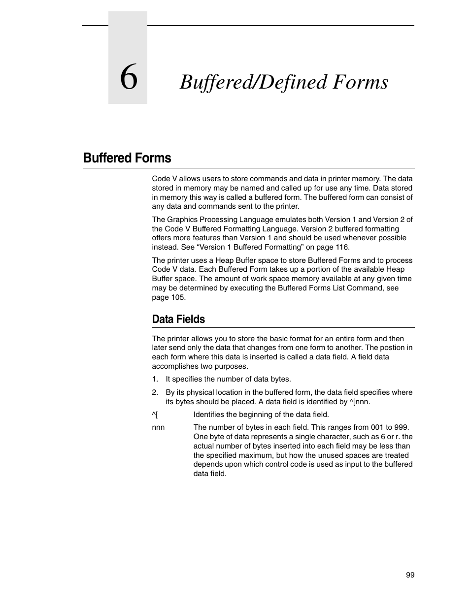 6 buffered/defined forms, Buffered forms, Data fields | Buffered/defined forms | Tally Genicom 6600 User Manual | Page 99 / 330